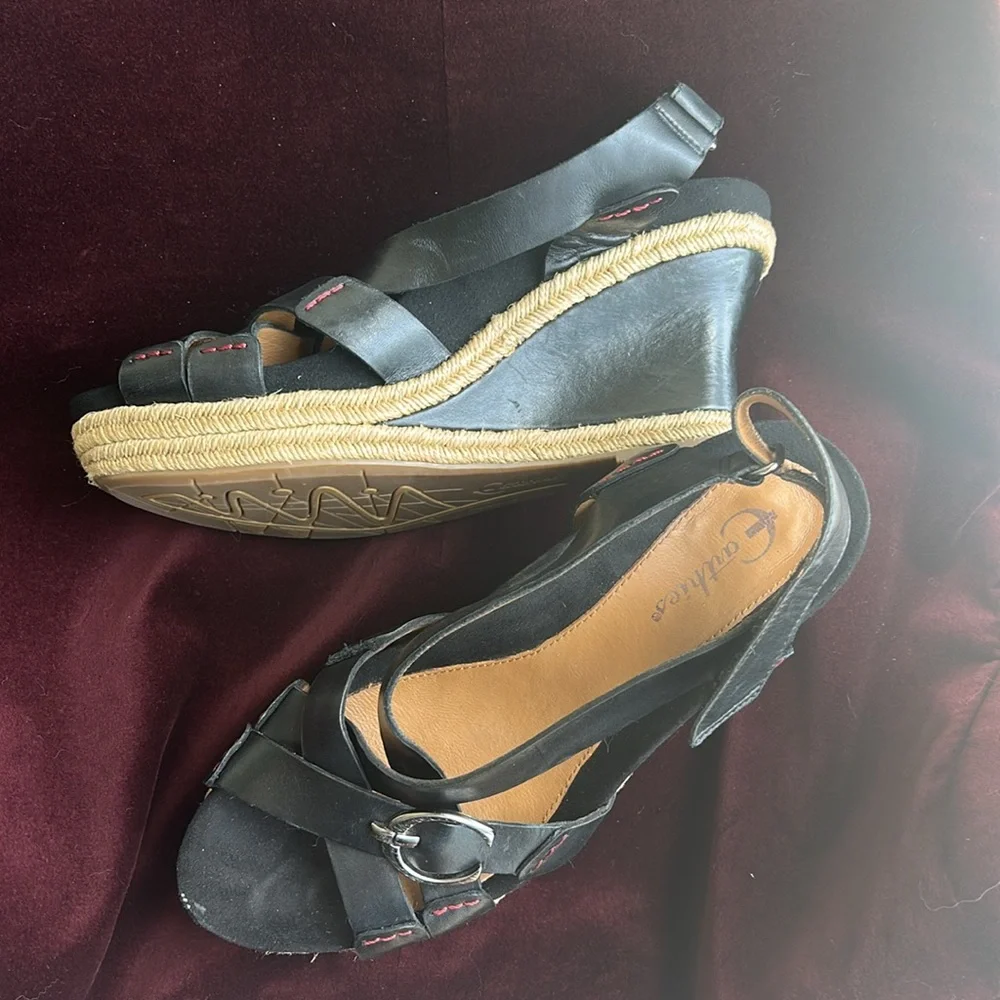 NWOT Earthies Black Wedge Sandals with Cross Straps and Platform Heel